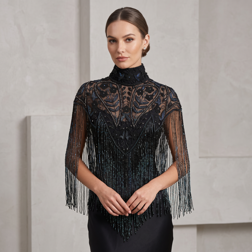 Noir Jardin Beaded Capelet, Black Fringe Cape
