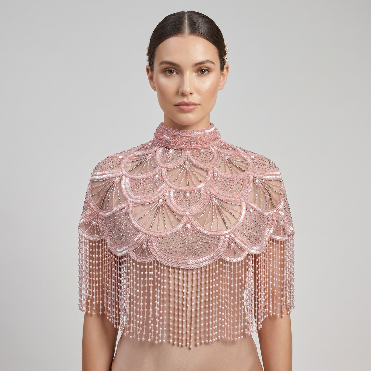 Rosé Reverie Beaded Capelet, Fringe Cape