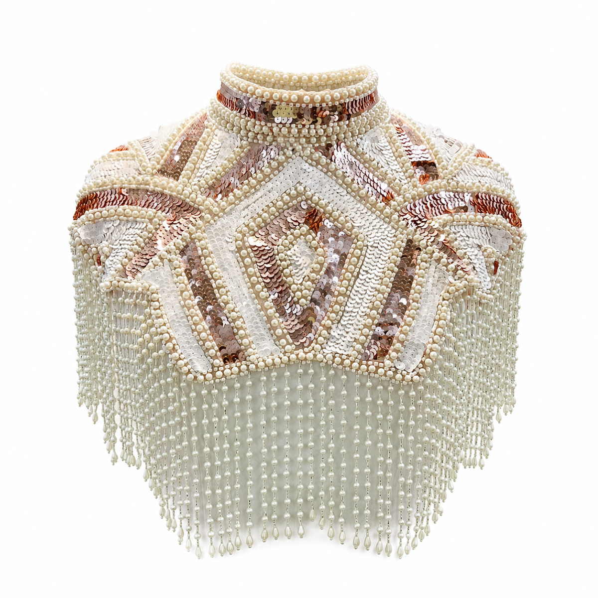 The "Pearl Deco" Beaded Fringe Cape, Pink & White