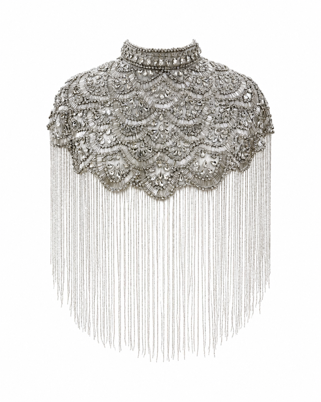 Sterling Fan Beaded Capelet, Silver Rhinestone Fringe Cape
