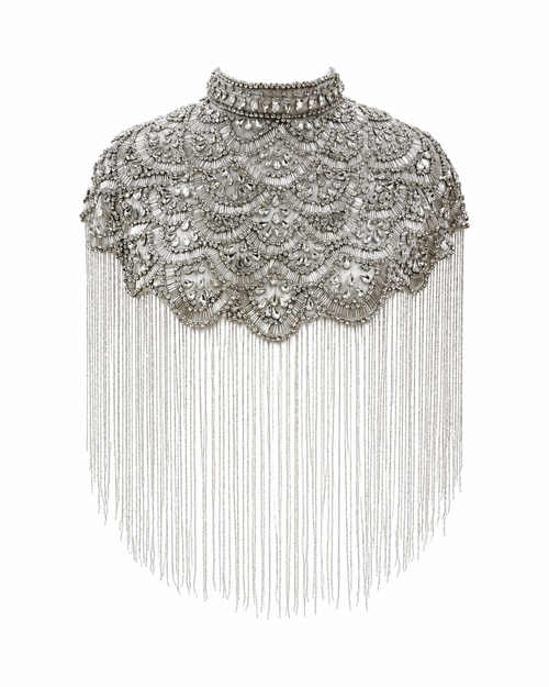 Sterling Fan Beaded Capelet, Silver Rhinestone Fringe Cape