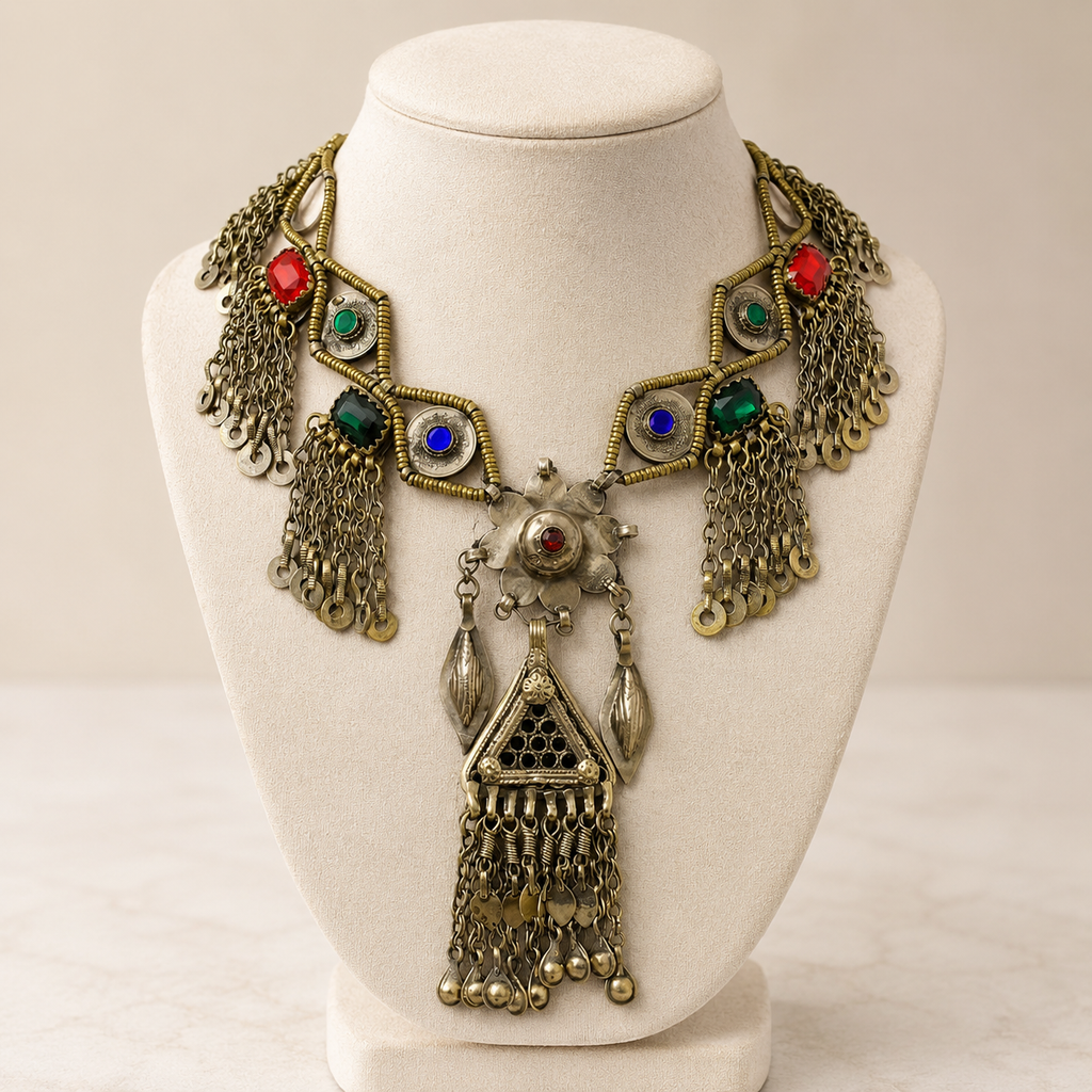 Vintage Afghan Tribal Bib Necklace, Antique Brass Kuchi Statement Pendant
