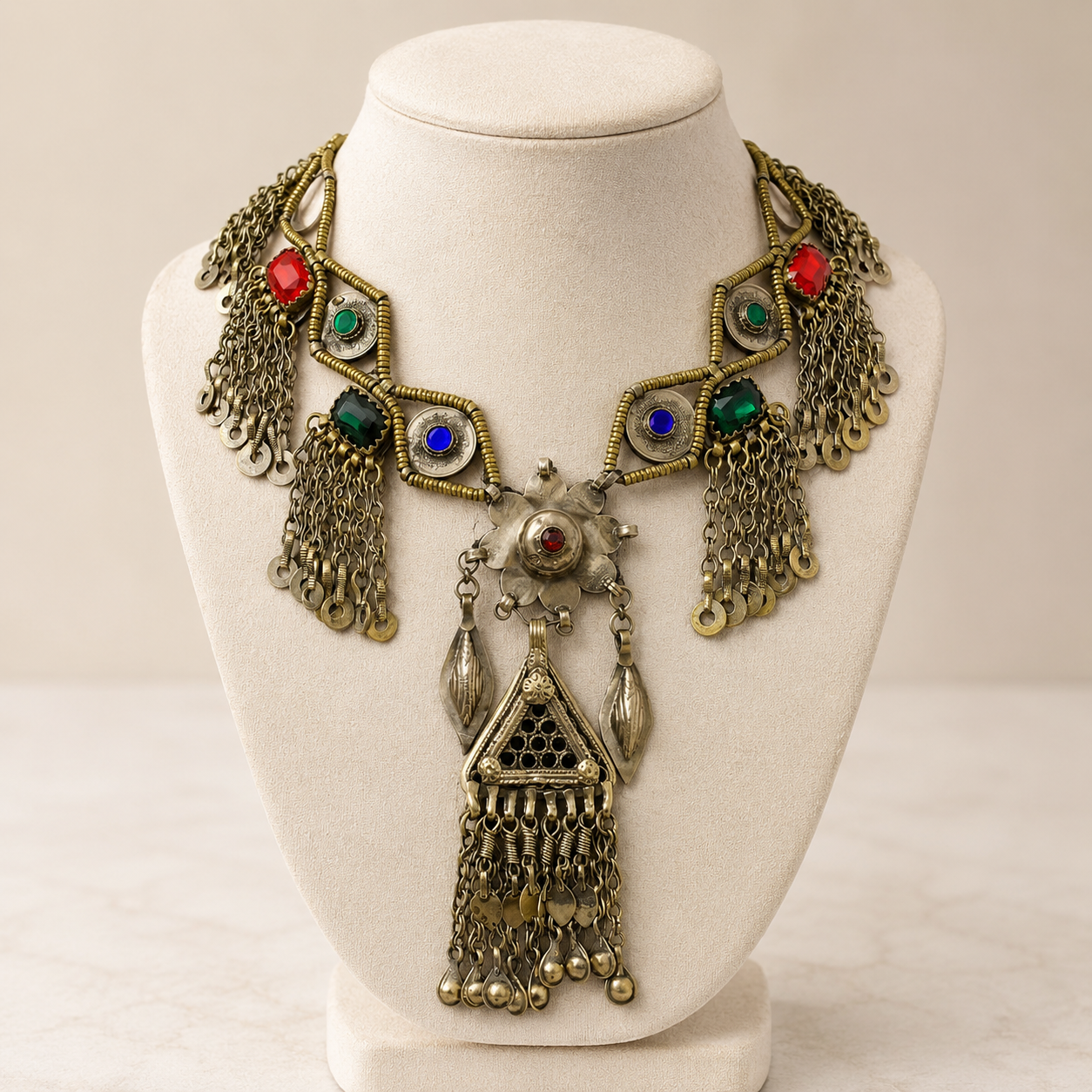 Vintage Afghan Tribal Bib Necklace, Antique Brass Kuchi Statement Pendant