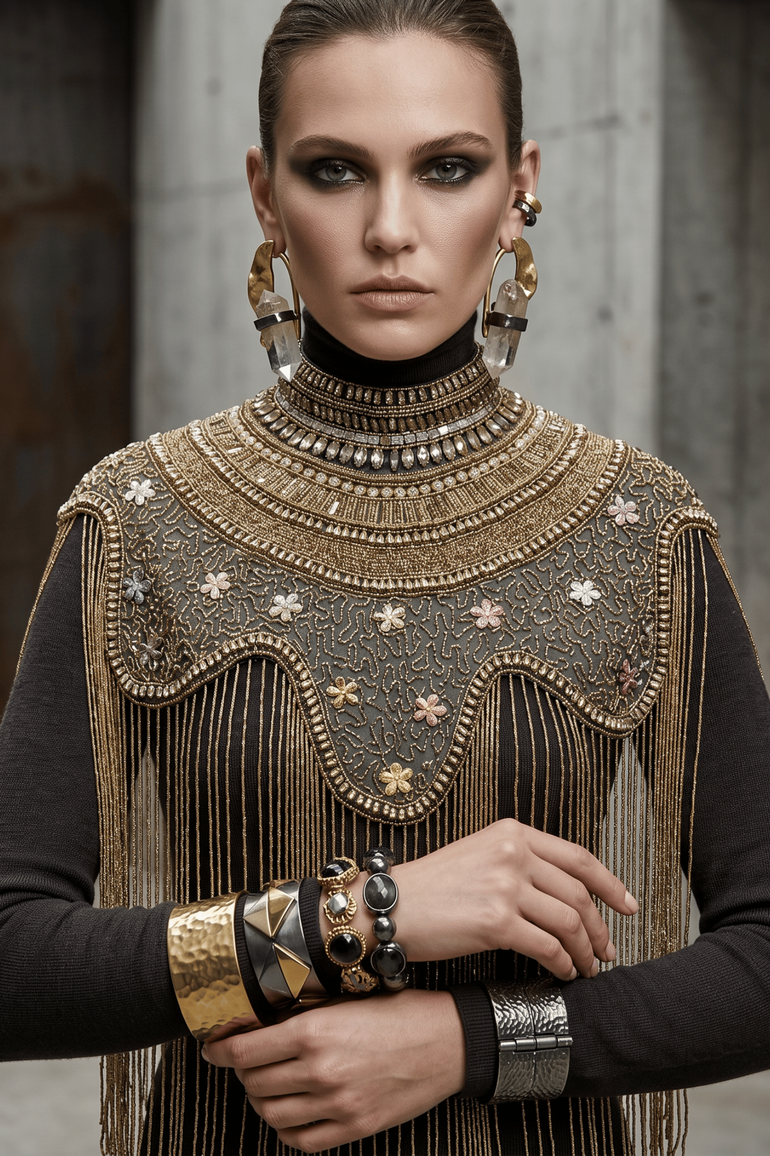 The "Antique Garden" Beaded Fringe Cape, Black & Gold