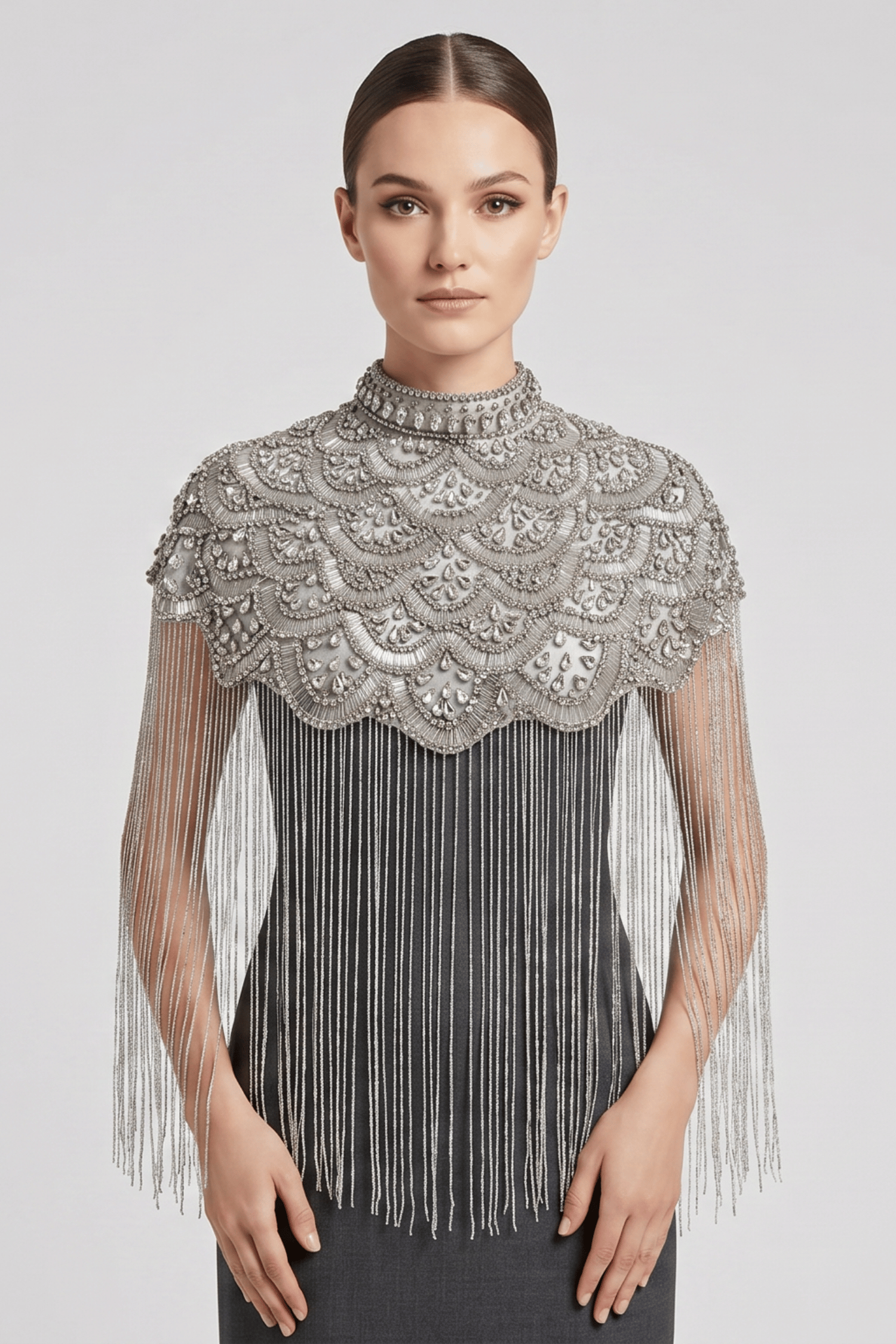Sterling Fan Beaded Capelet, Silver Rhinestone Fringe Cape