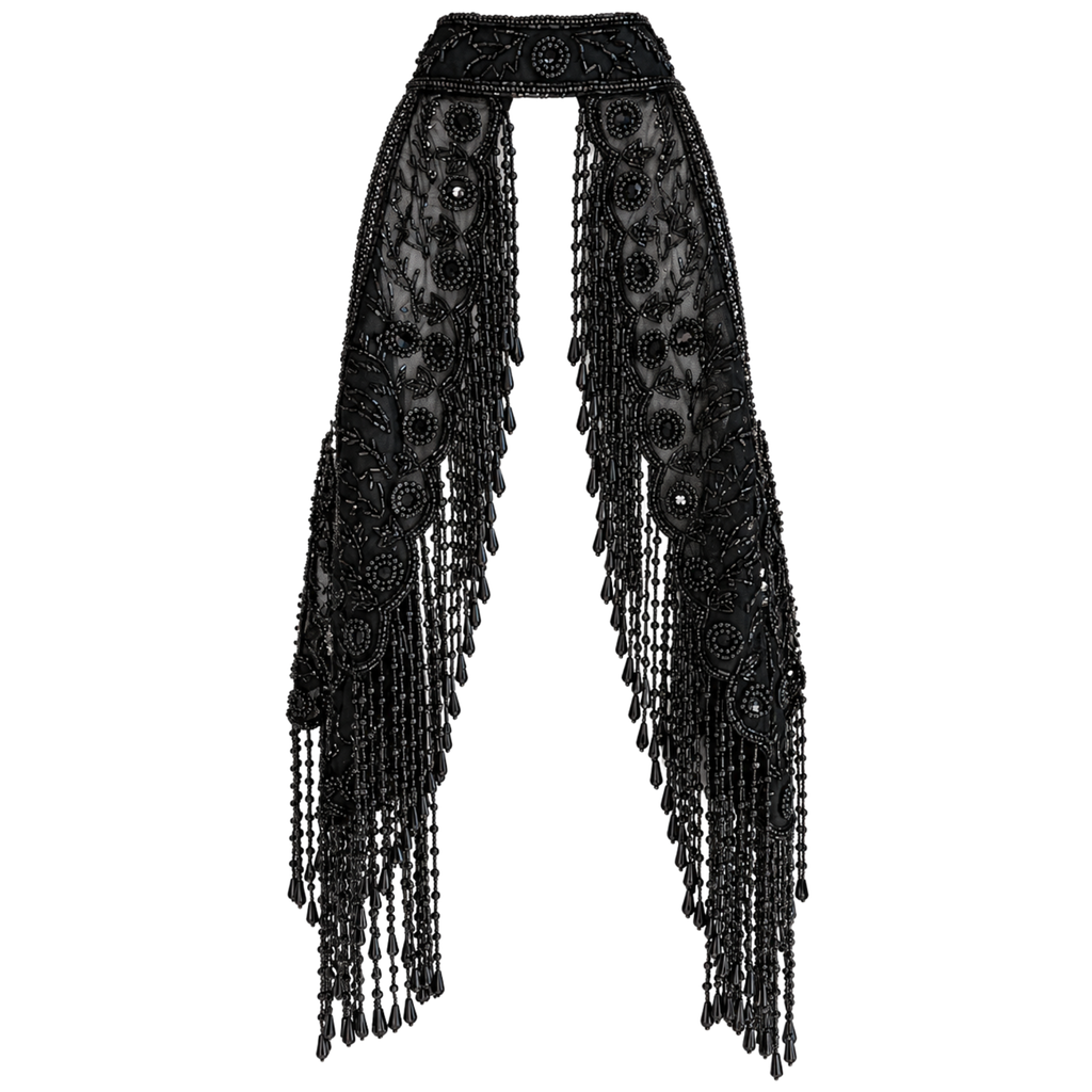 The Eclipse Black Hand-Beaded Fringe Capelet