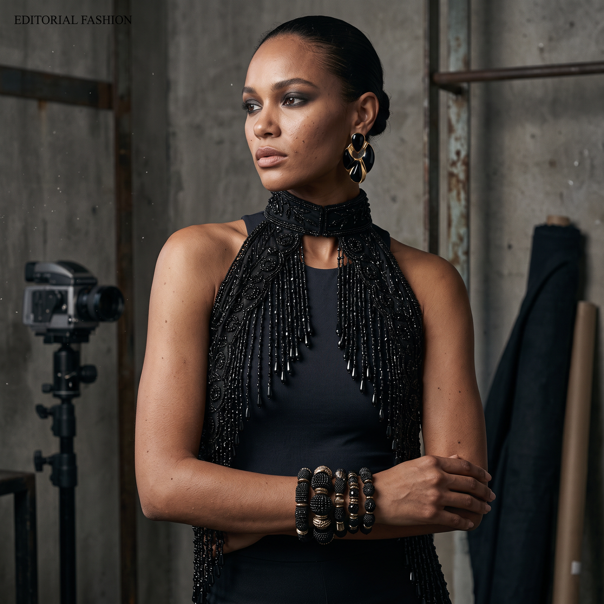 The Eclipse Black Hand-Beaded Fringe Capelet