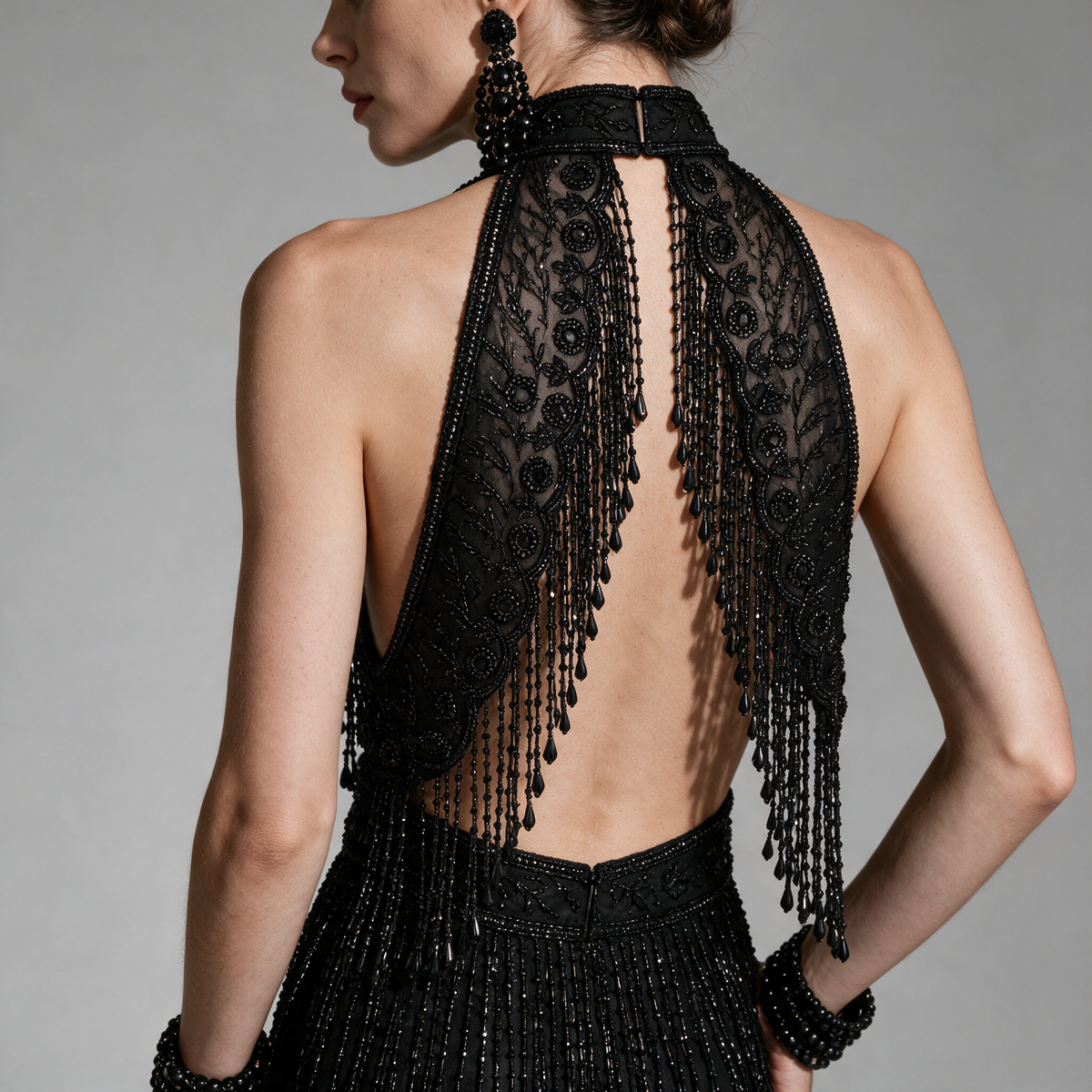 The Eclipse Black Hand-Beaded Fringe Capelet