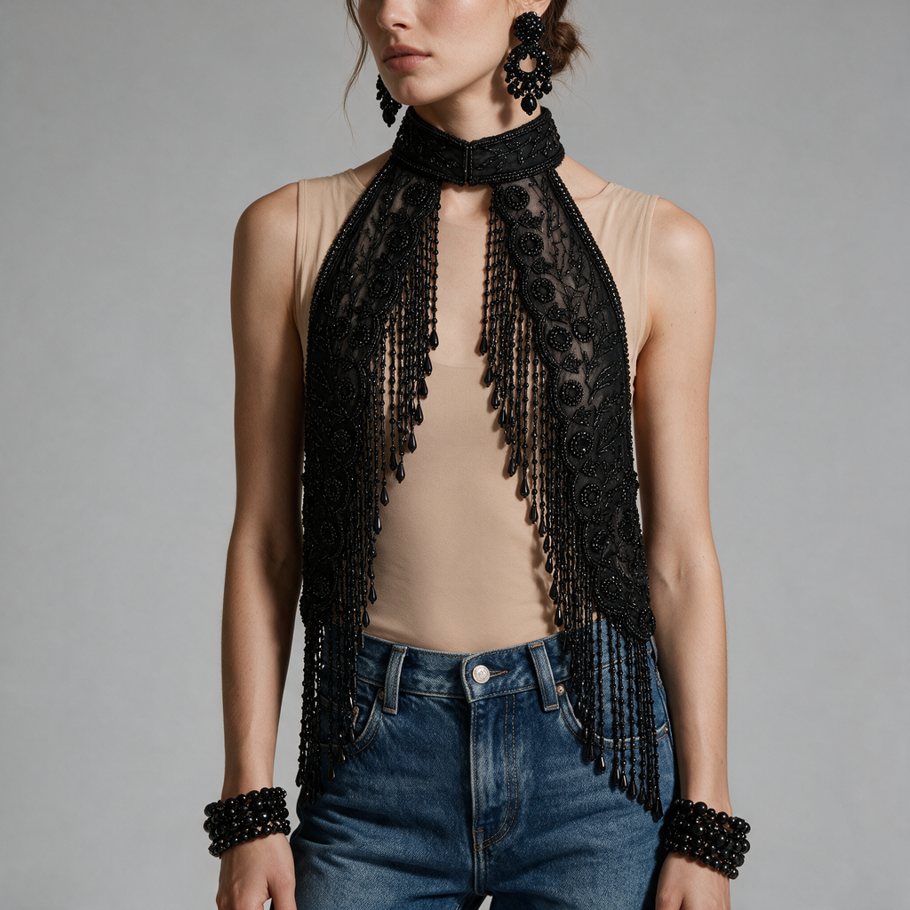 The Eclipse Black Hand-Beaded Fringe Capelet
