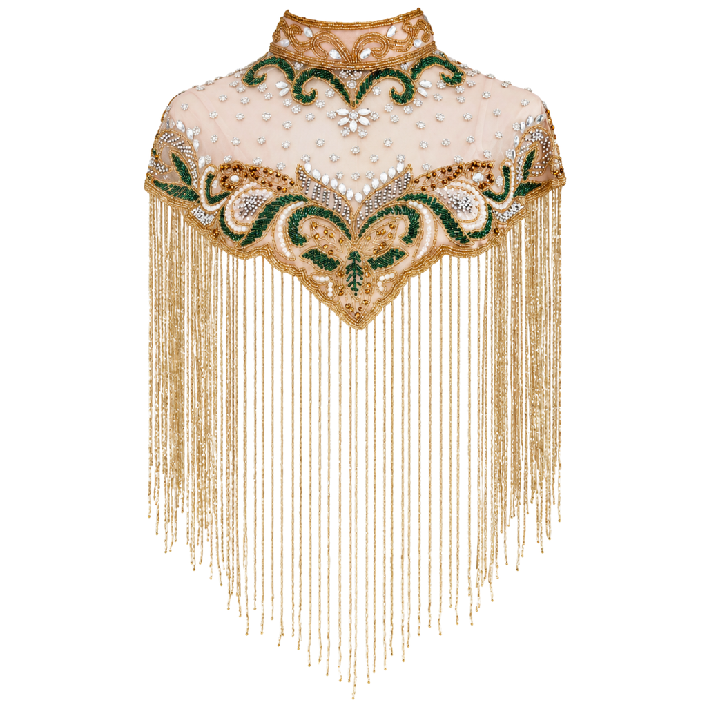 The Verdelle | Hand-Beaded Emerald Fringe Capelet