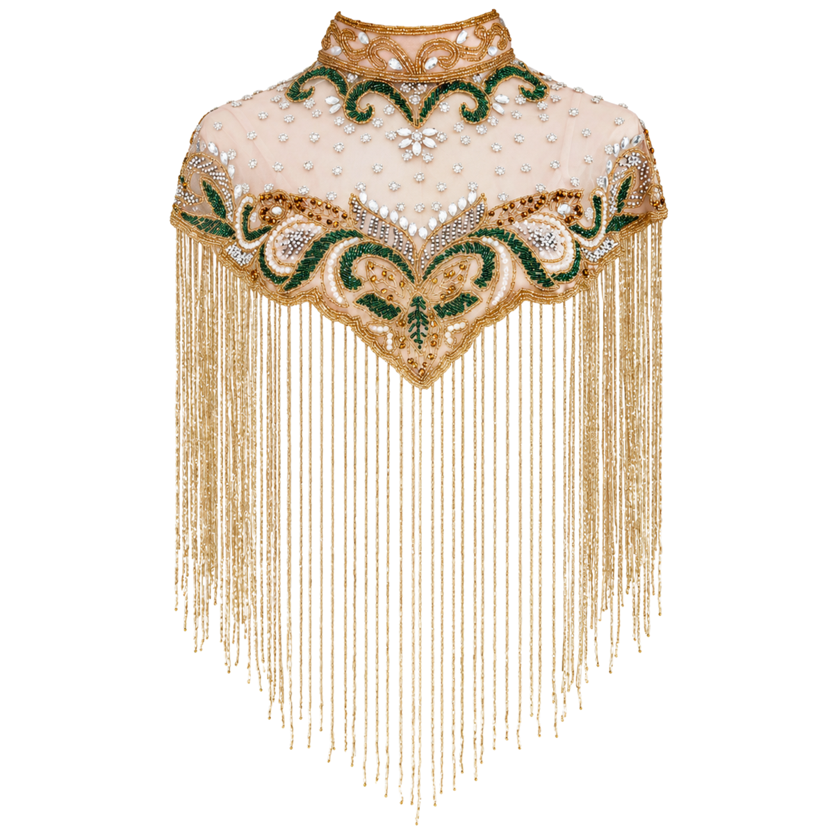 The Verdelle | Hand-Beaded Emerald Fringe Capelet