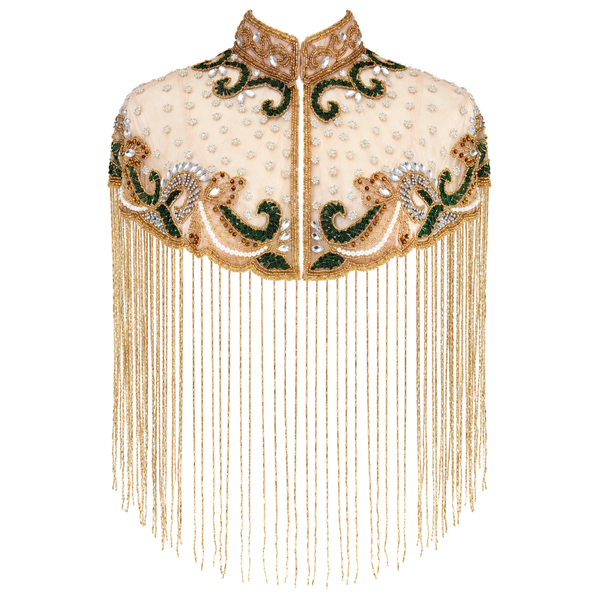 The Verdelle | Hand-Beaded Emerald Fringe Capelet
