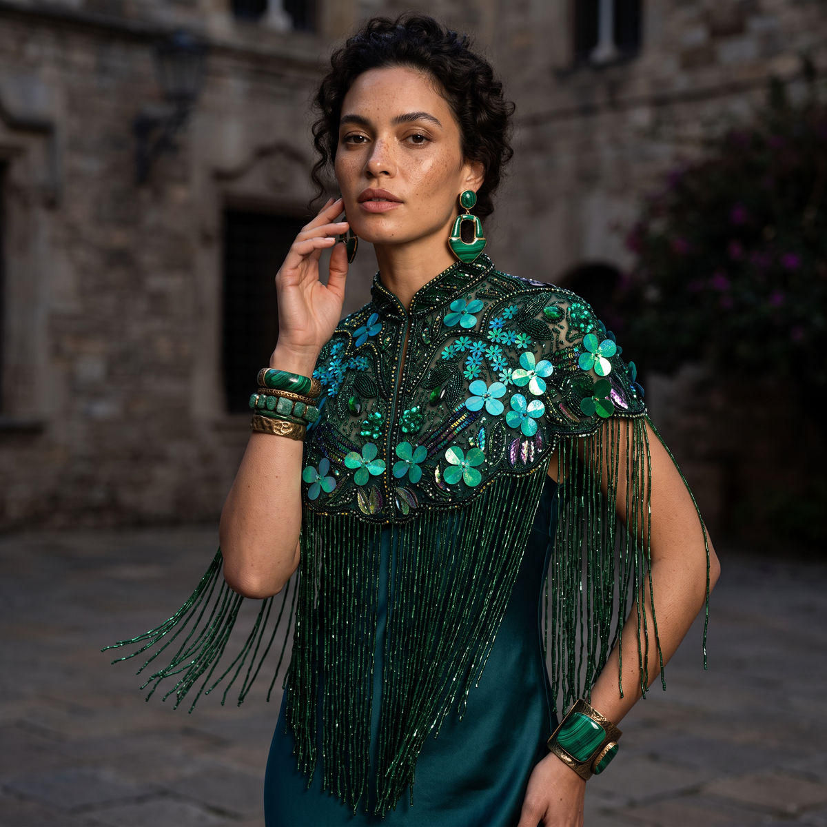 The Emerald Garden Beaded Fringe Capelet