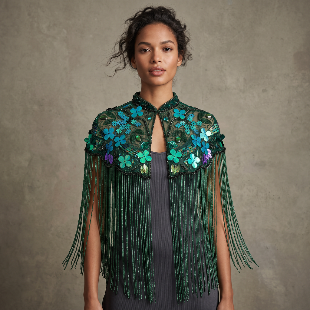 The Emerald Garden Beaded Fringe Capelet
