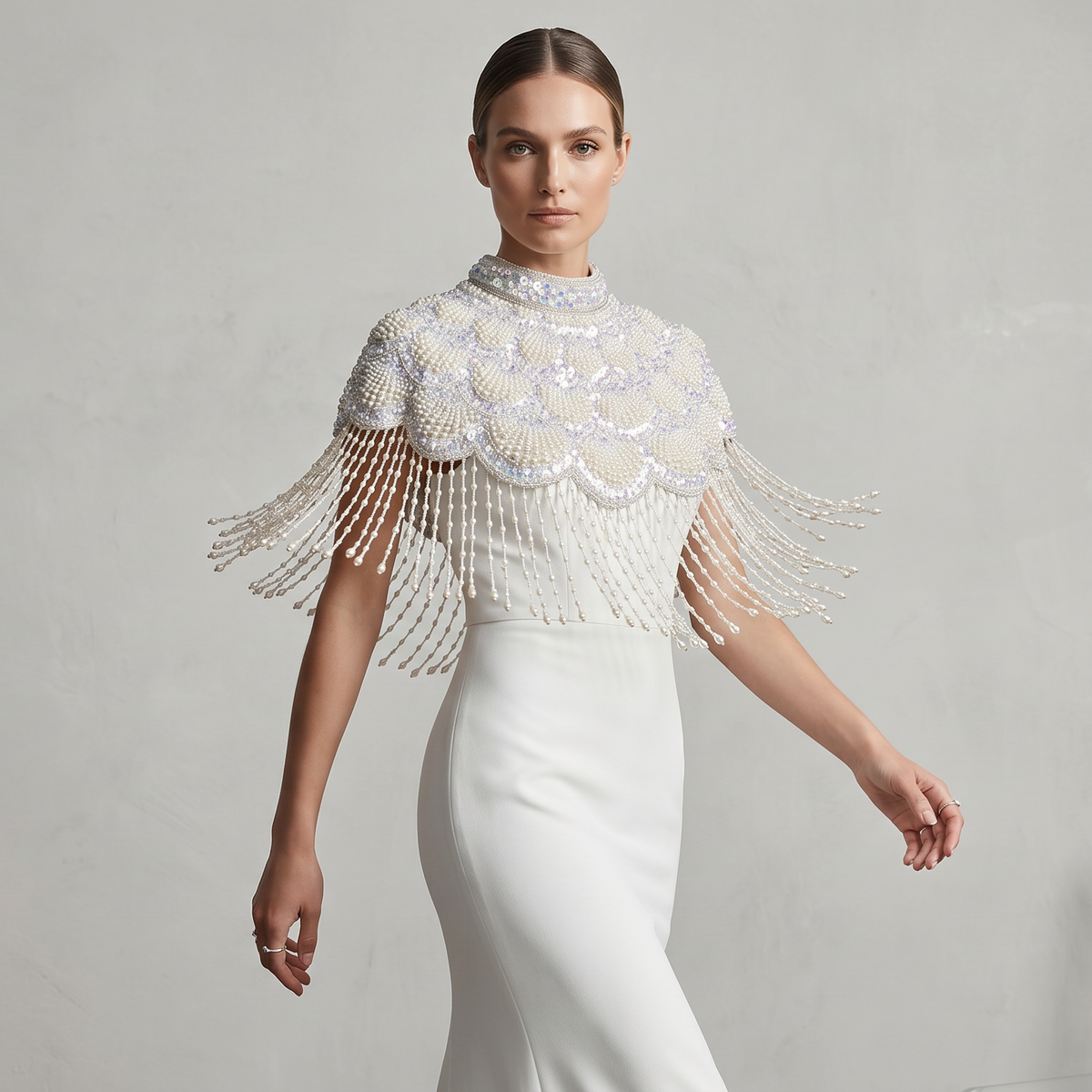 The "Gatsby" Beaded Fringe Cape, Ivory