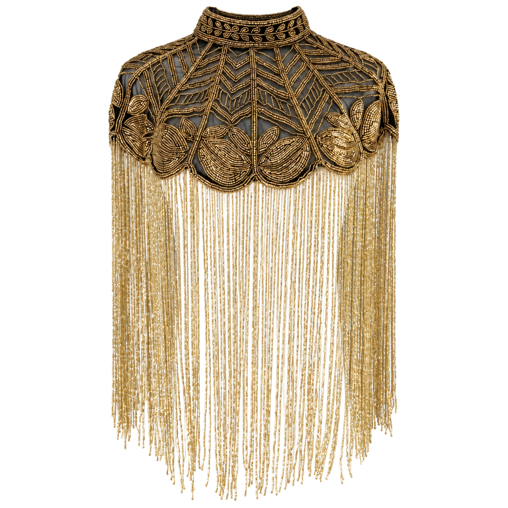 The Gilded Vine Beaded Fringe Cape, Black & Gold