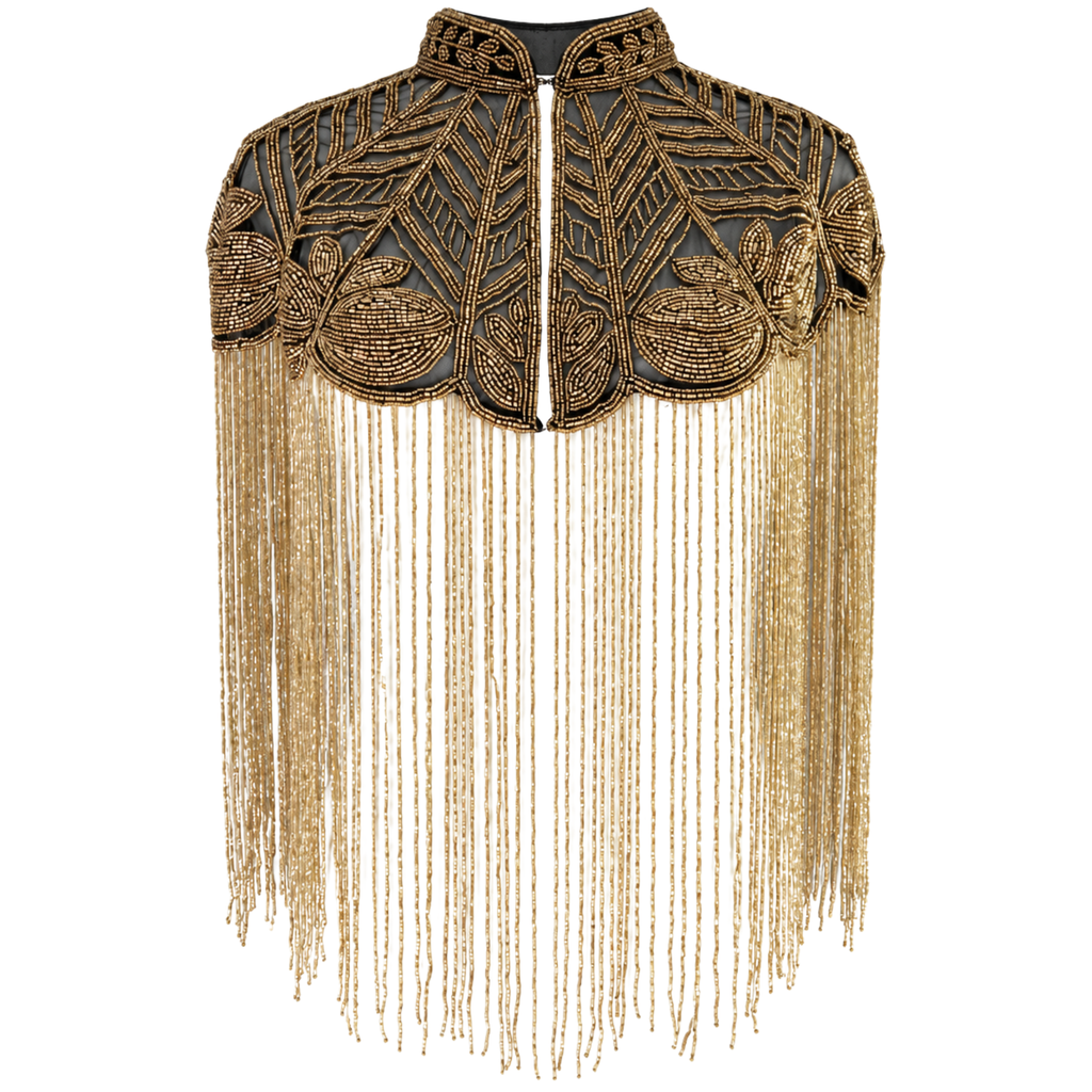 The Gilded Vine Beaded Fringe Cape, Black & Gold