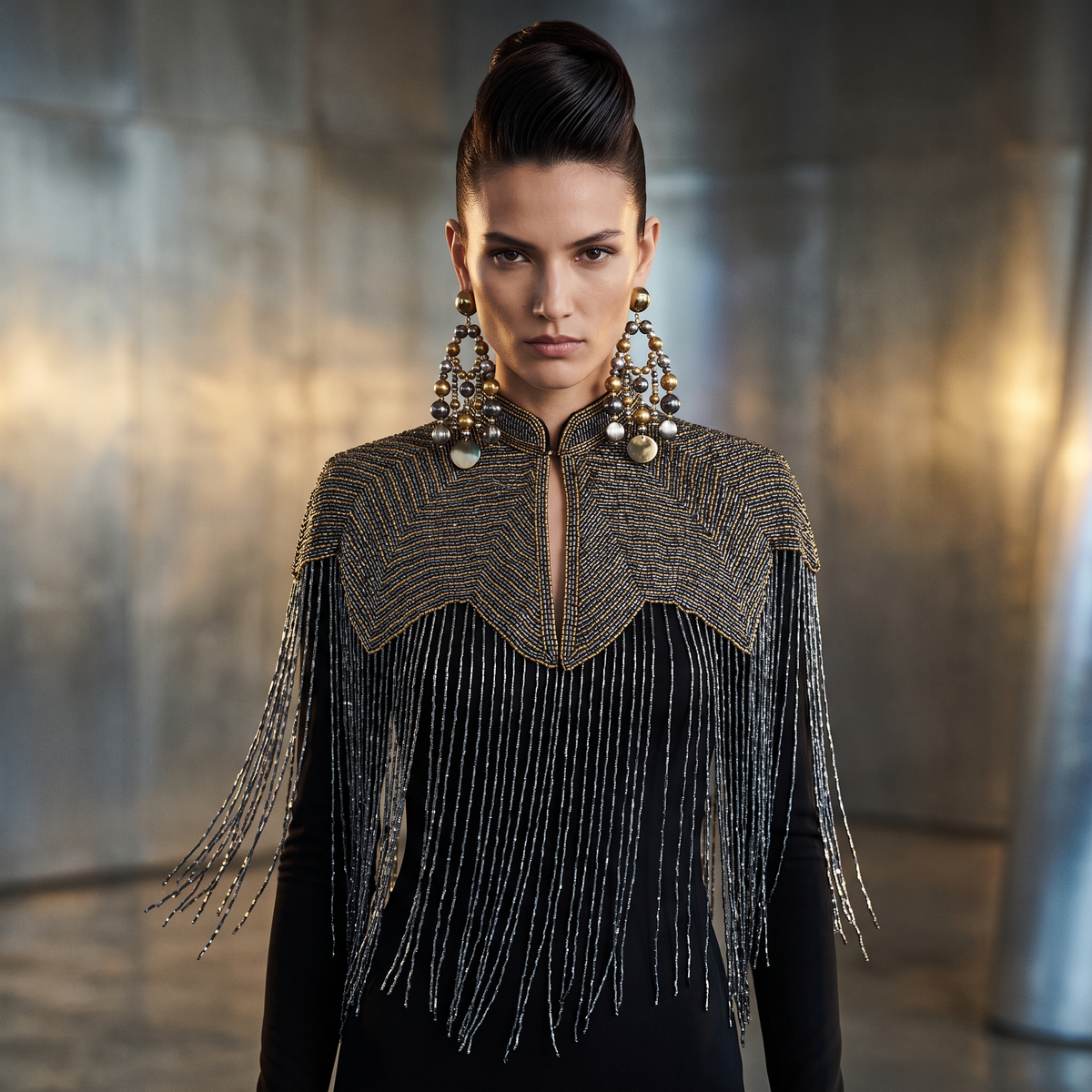 The Midnight Chevron Capelet, Gunmetal & Gold Beaded Fringe Statement Cape