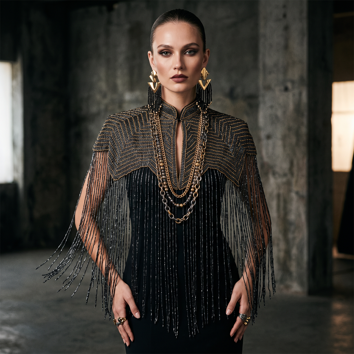 The Midnight Chevron Capelet, Gunmetal & Gold Beaded Fringe Statement Cape