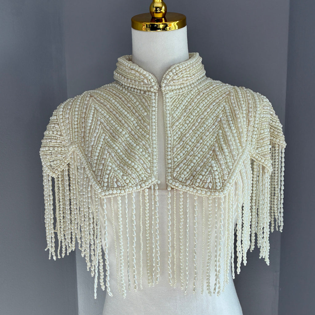The Lucienne | Ivory Pearl-Beaded Fringe Capelet