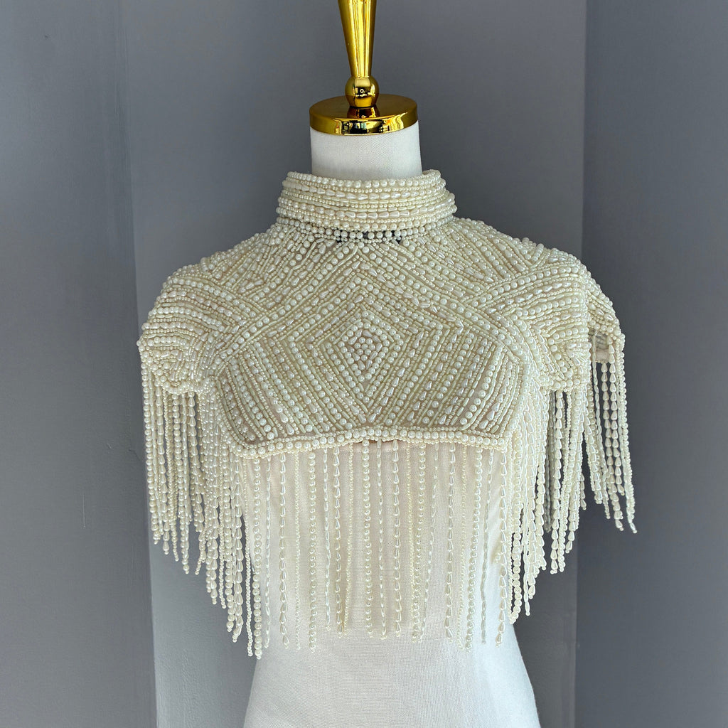 The Lucienne | Ivory Pearl-Beaded Fringe Capelet
