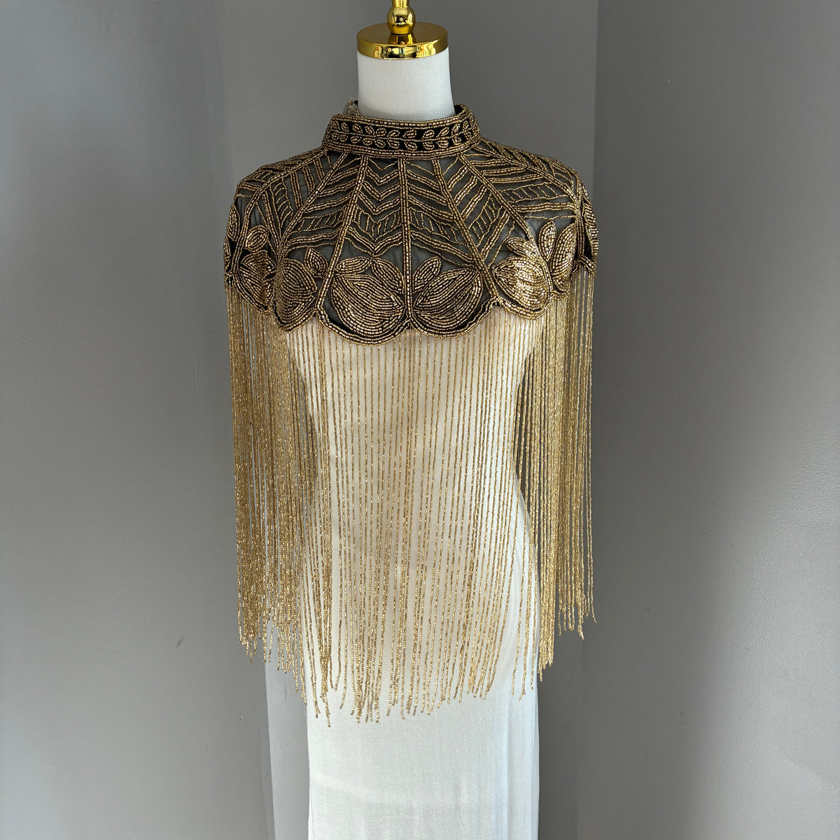The Gilded Vine Beaded Fringe Cape, Black & Gold