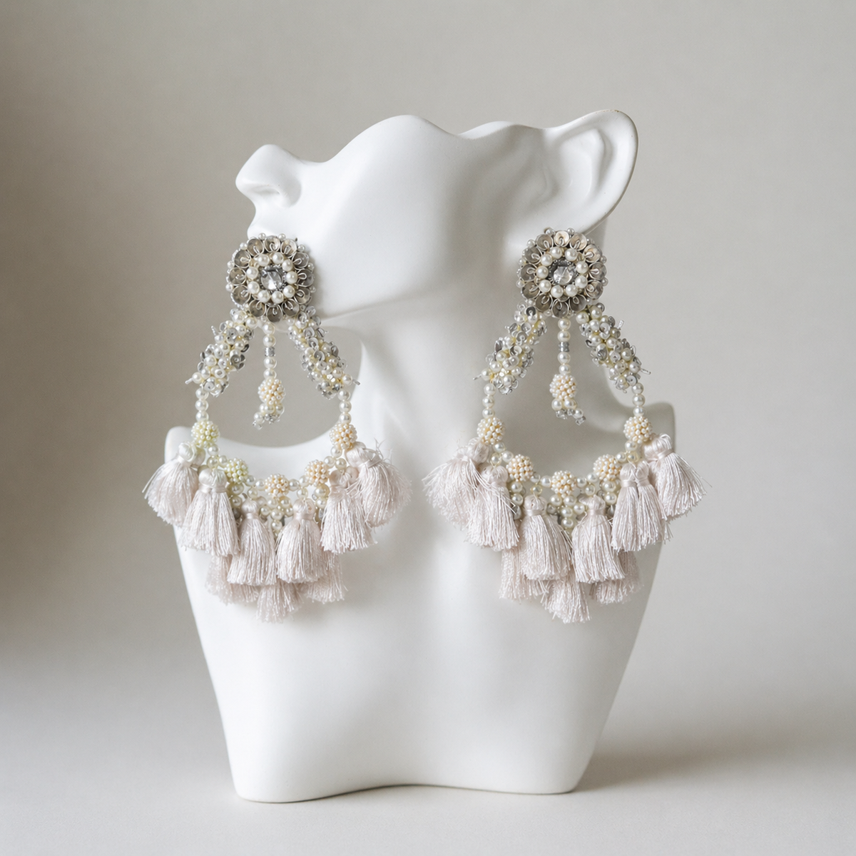 The Santorini – Hand-Embroidered Pearl Tassel Statement Earrings