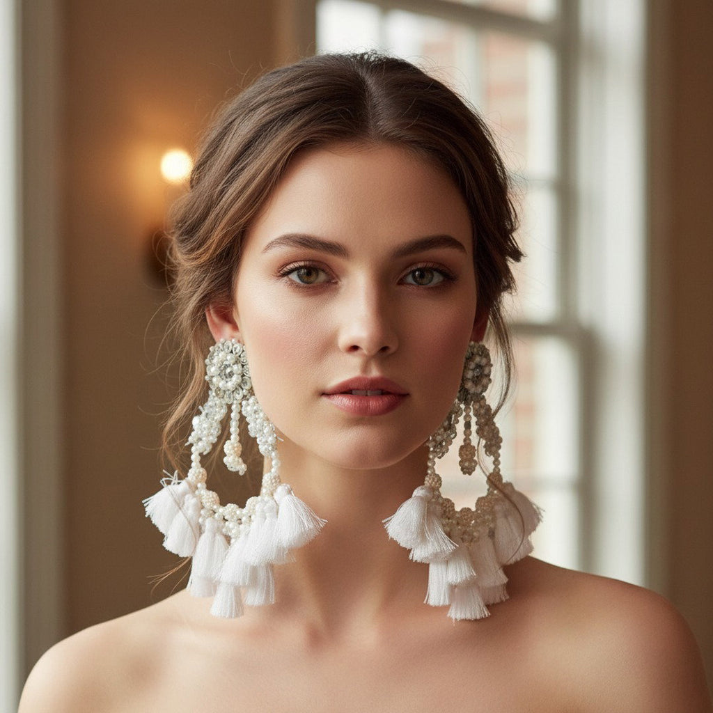 The Santorini – Hand-Embroidered Pearl Tassel Statement Earrings