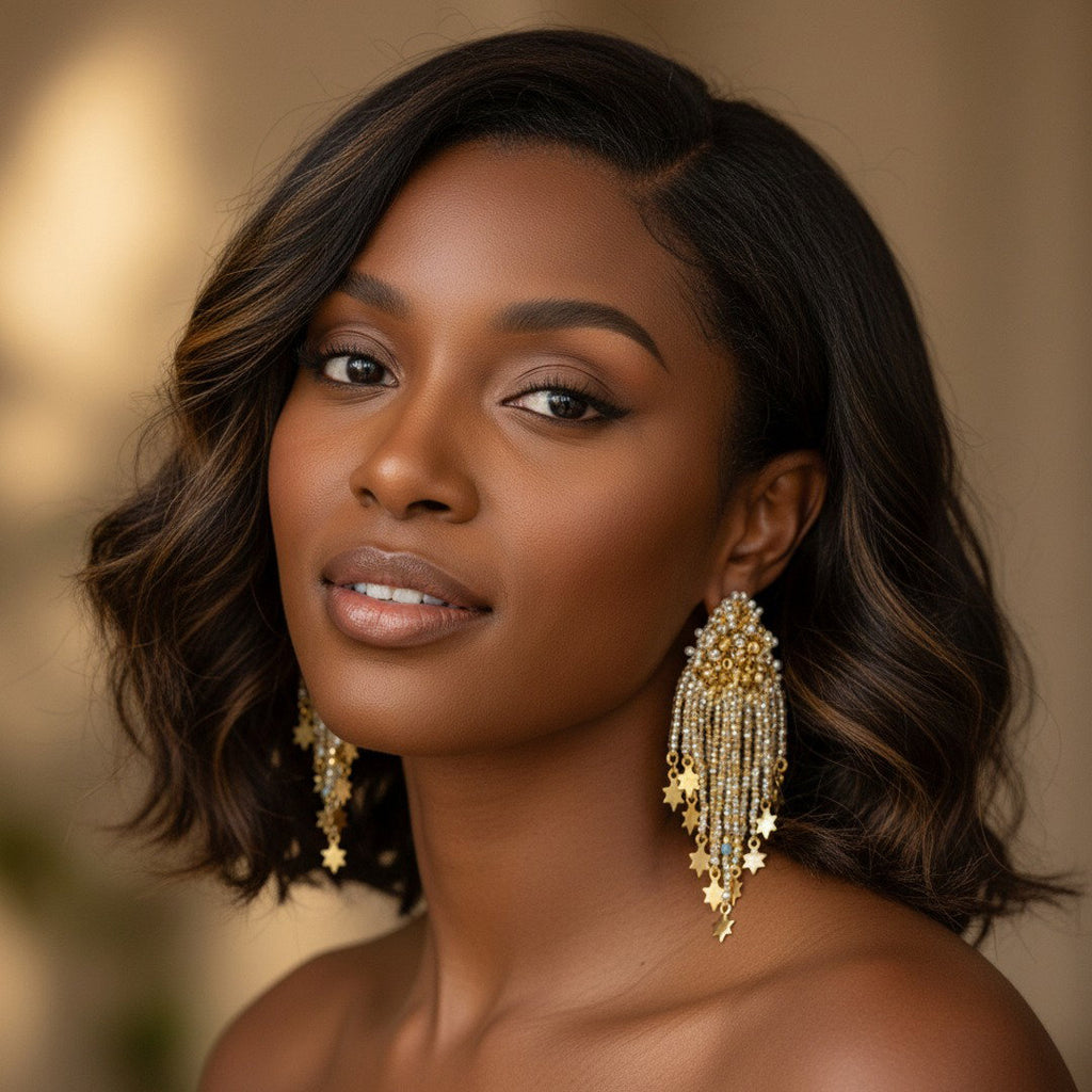 The Celestial Cascade – Hand-Embroidered Star Fringe Earrings