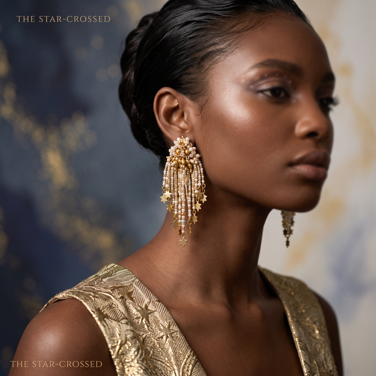 The Celestial Cascade – Hand-Embroidered Star Fringe Earrings