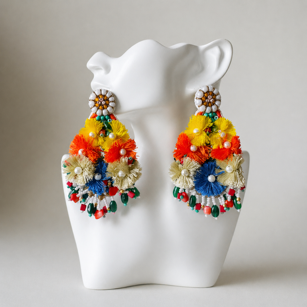 The Cartagena Fiesta – Hand-Embroidered Pom Statement Earrings