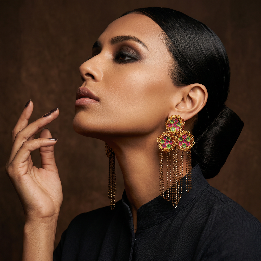 The Granada Fringe – Hand-Embroidered Floral Chain Earrings