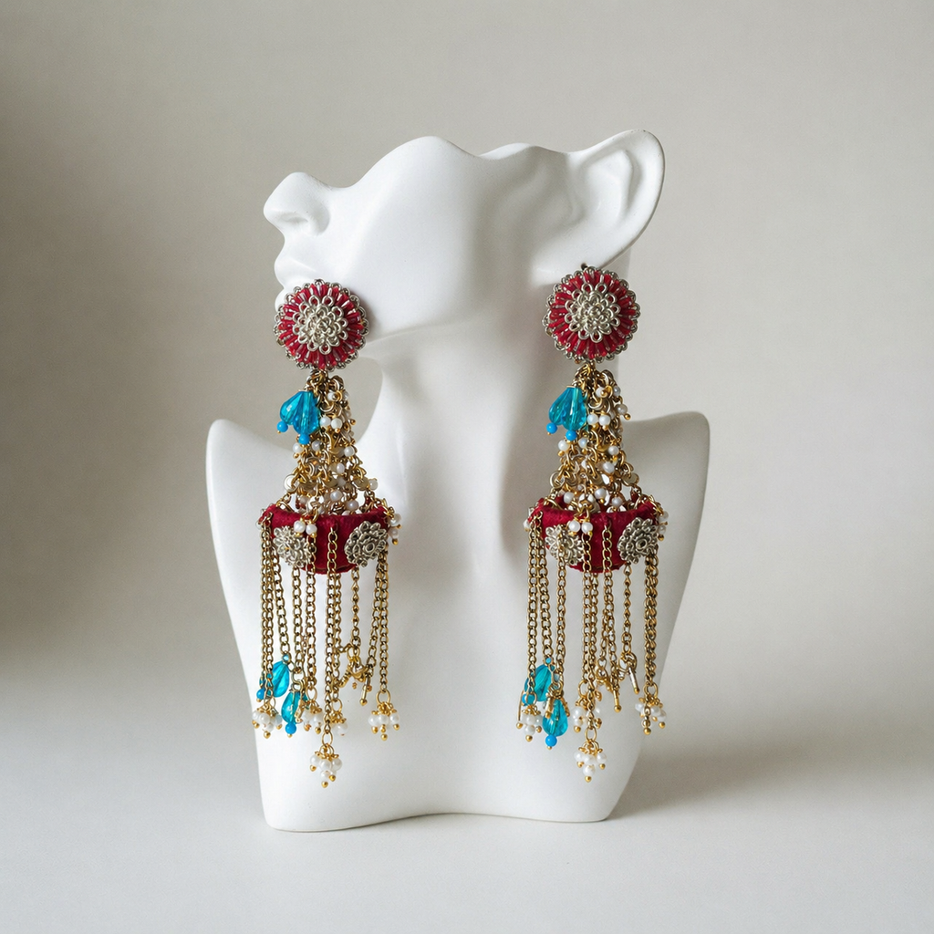 The Marrakech Lantern – Hand-Embroidered Chandelier Statement Earrings