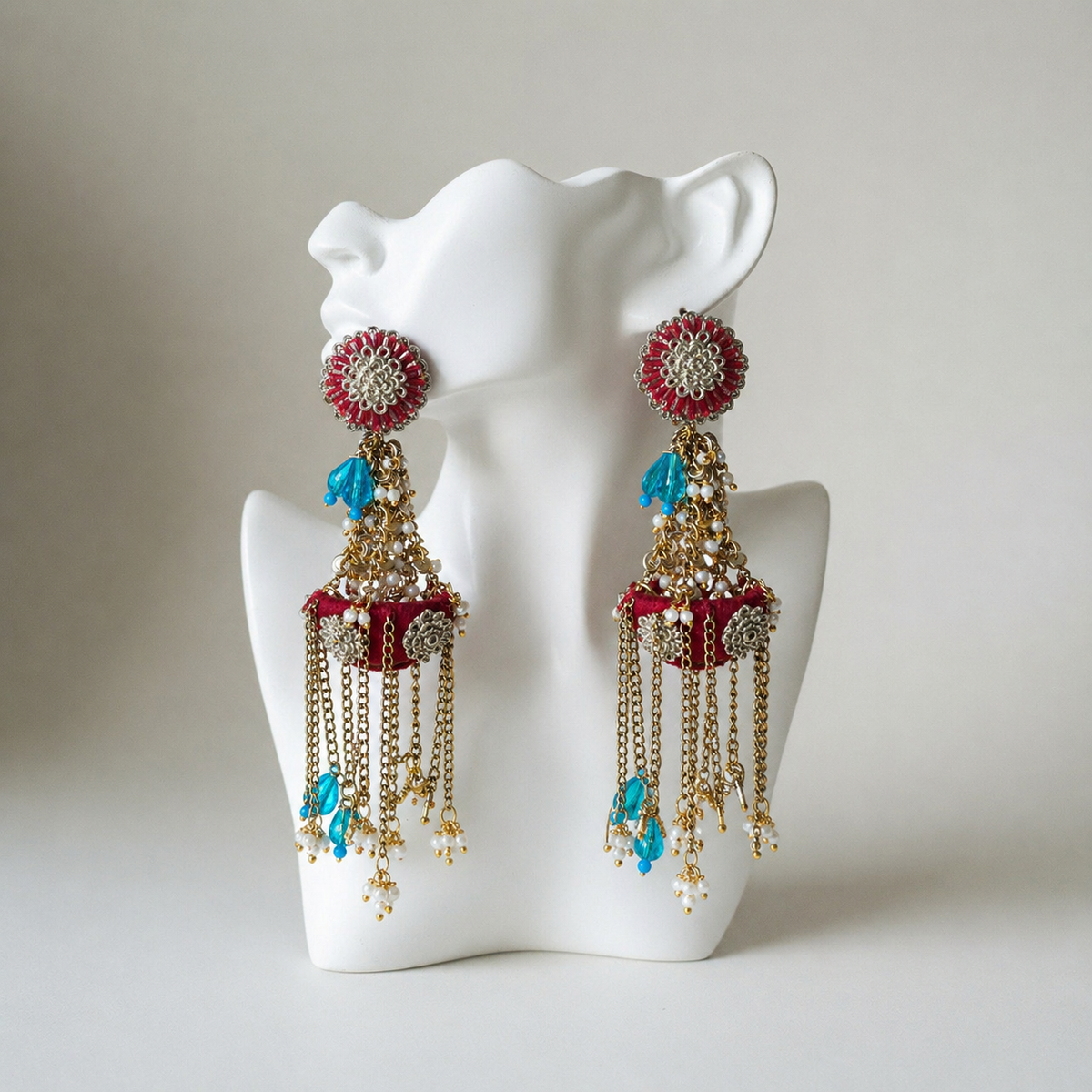 The Marrakech Lantern – Hand-Embroidered Chandelier Statement Earrings