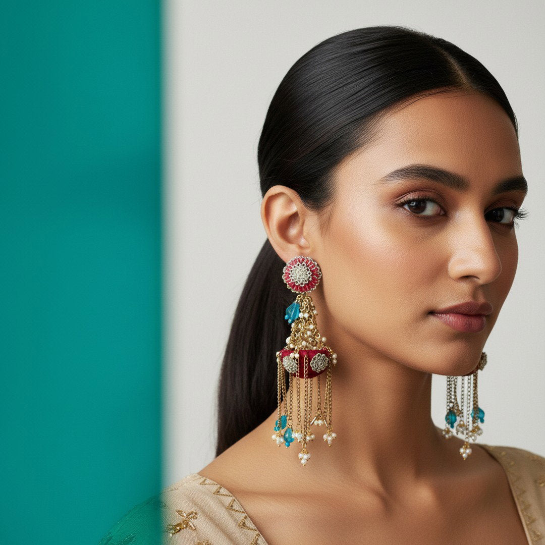 The Marrakech Lantern – Hand-Embroidered Chandelier Statement Earrings