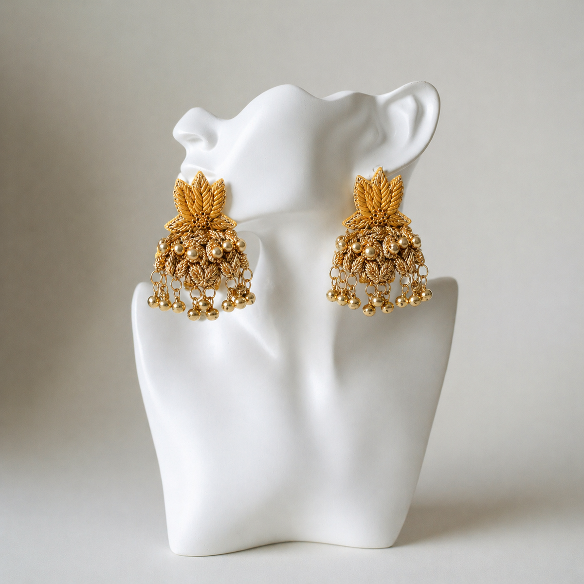 The Jaipur Leaf – Hand-Embroidered Gold Statement Earrings