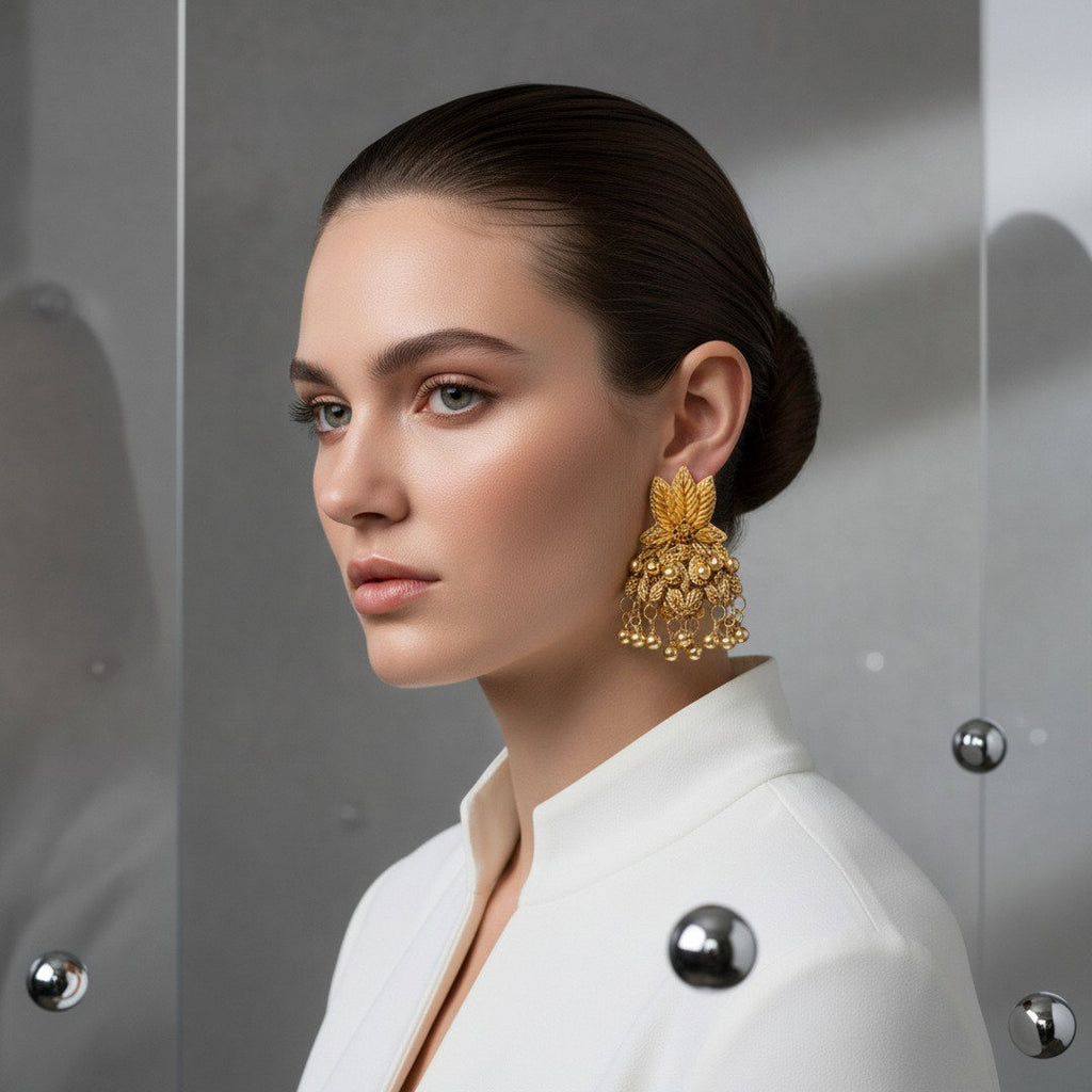 The Jaipur Leaf – Hand-Embroidered Gold Statement Earrings