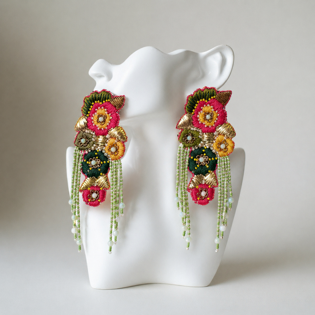 The Oaxaca Garden – Hand-Embroidered Floral Fringe Statement Earrings