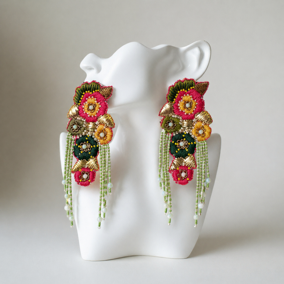 The Oaxaca Garden – Hand-Embroidered Floral Fringe Statement Earrings
