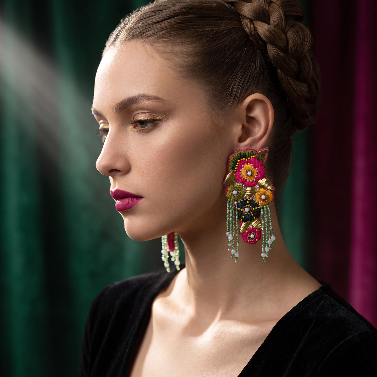 The Oaxaca Garden – Hand-Embroidered Floral Fringe Statement Earrings