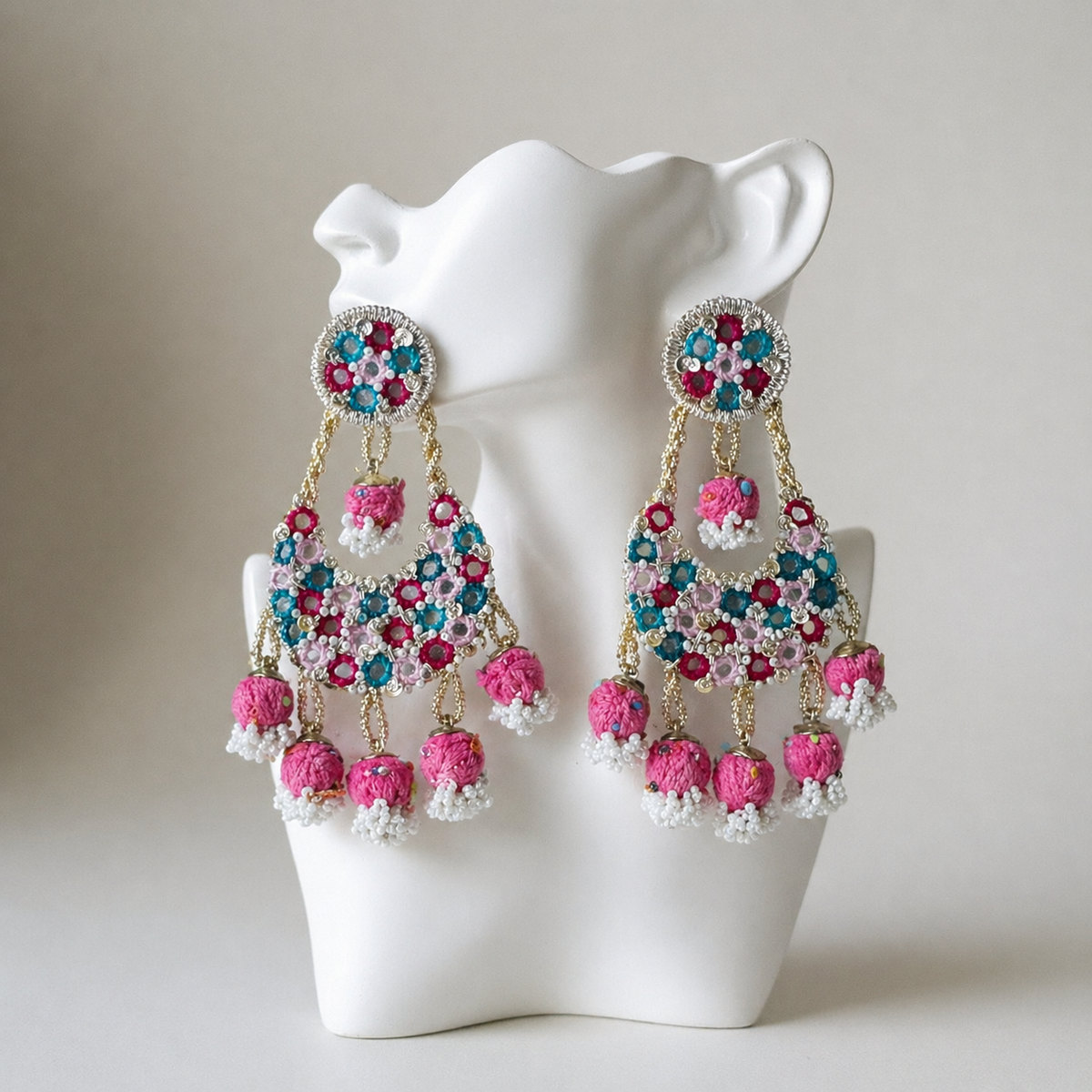 The Udaipur Crescent - Pink & Turquoise Boho Earrings
