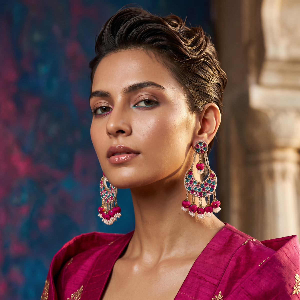 The Udaipur Crescent - Pink & Turquoise Boho Earrings