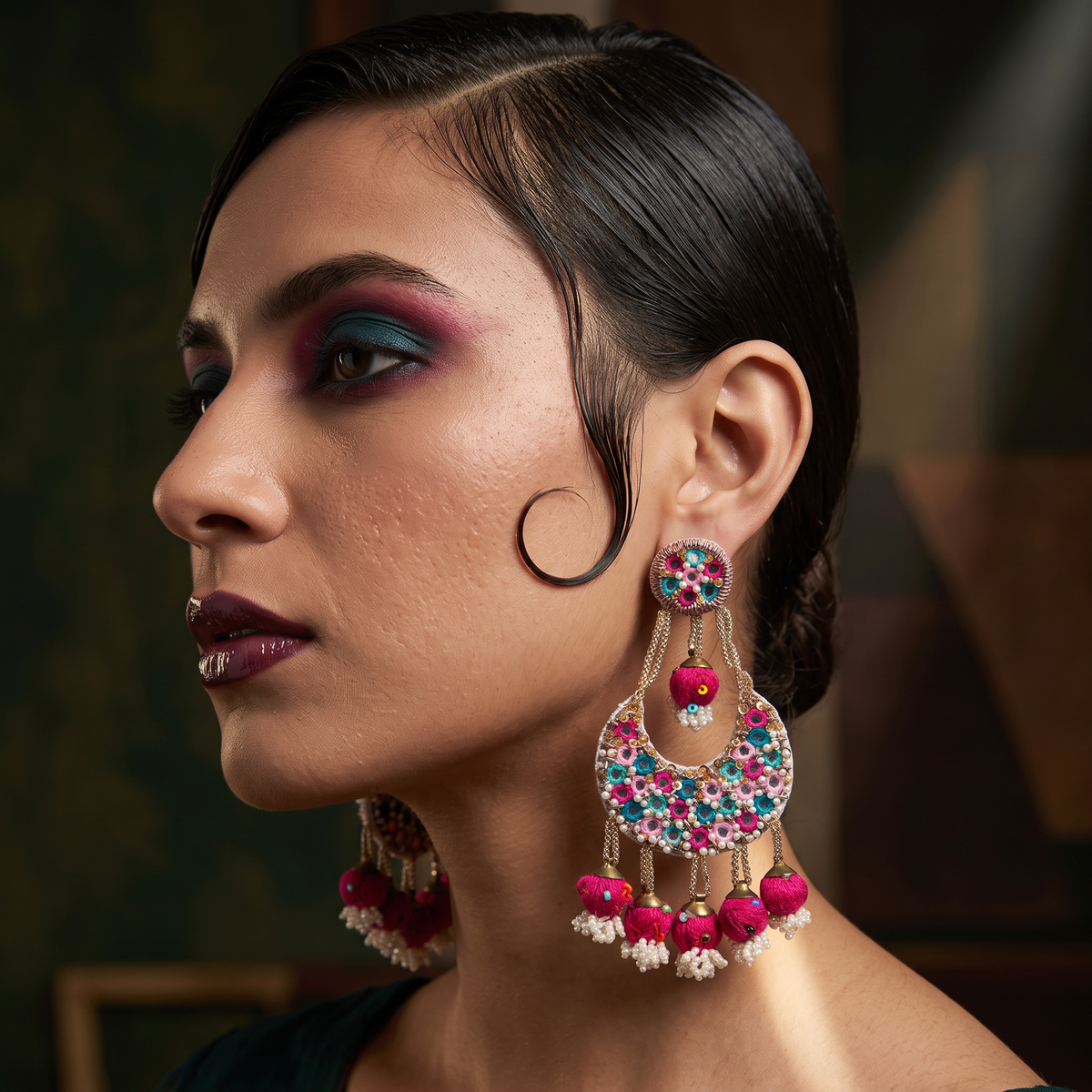 The Udaipur Crescent - Pink & Turquoise Boho Earrings