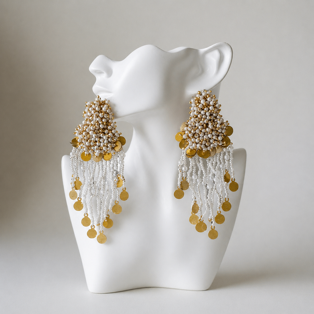 The Champagne Cascade – Hand-Embroidered Pearl Fringe Statement Earrings