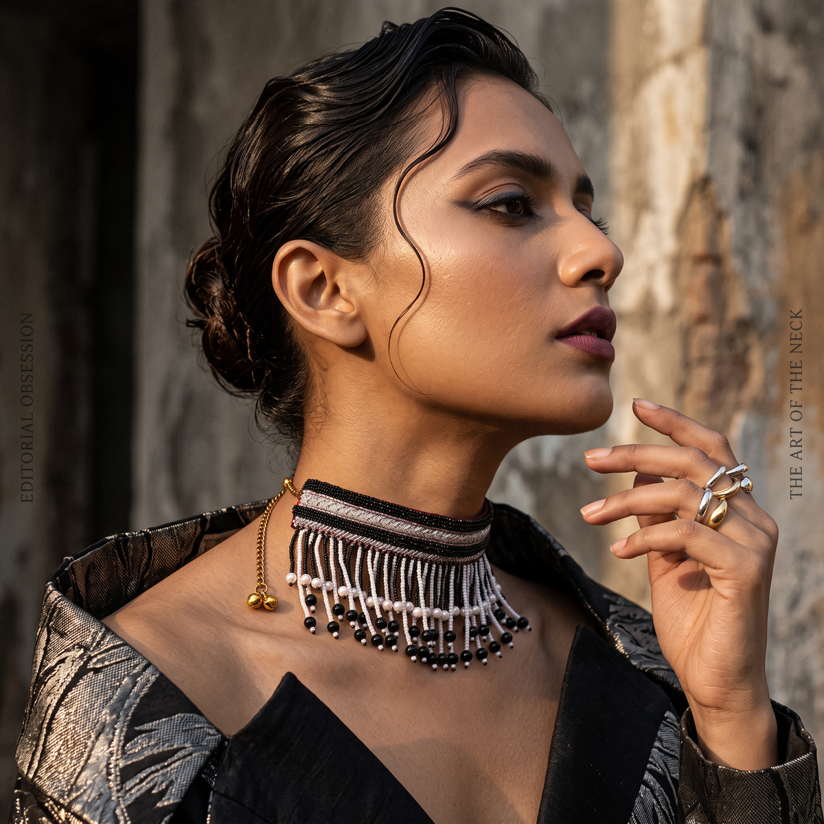 The Paris Noir – Hand-Embroidered Black & White Fringe Choker Necklace
