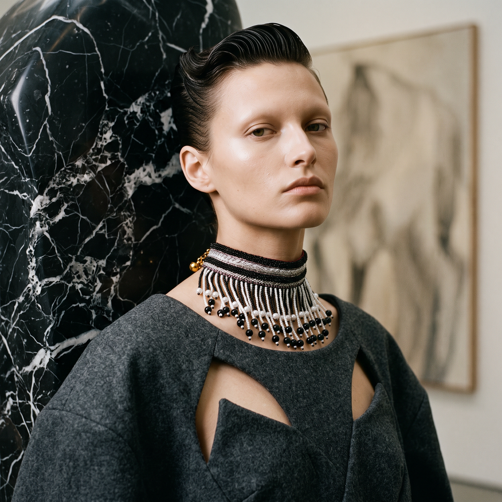 The Paris Noir – Hand-Embroidered Black & White Fringe Choker Necklace