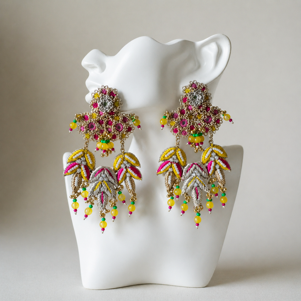 The Jaipur Vine – Hand-Embroidered Botanical Statement Earrings