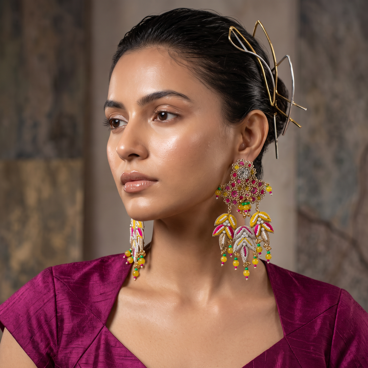 The Jaipur Vine – Hand-Embroidered Botanical Statement Earrings