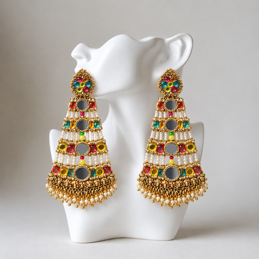 The Jaipur Palace – Hand-Embroidered Mirror Statement Earrings