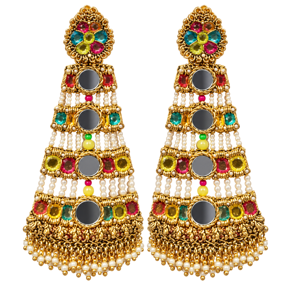 The Jaipur Palace – Hand-Embroidered Mirror Statement Earrings